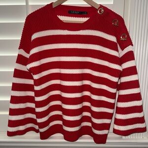 Lauren Ralph Lauren Red White Striped Gold Toggle Buttons Sweater Size Large